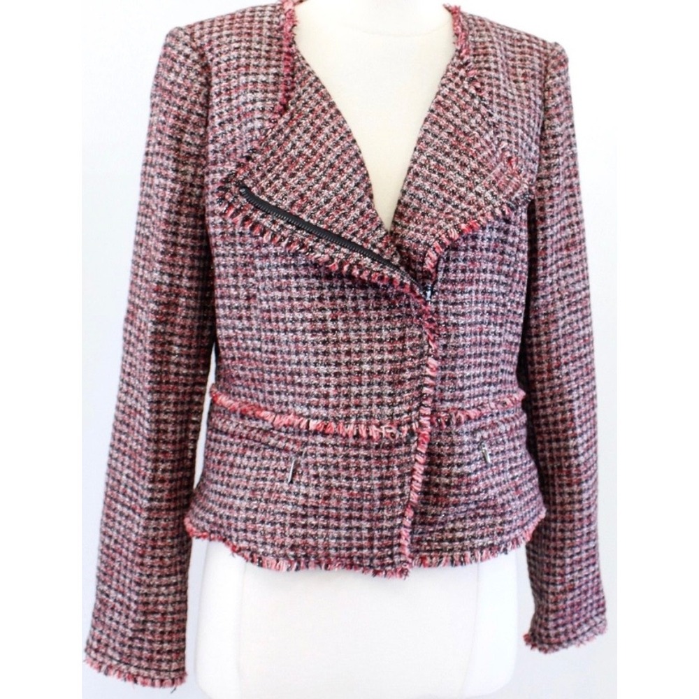 White House Black Market Tweed Moto Jacket Pink Red Houndstooth Fringe Blazer 4